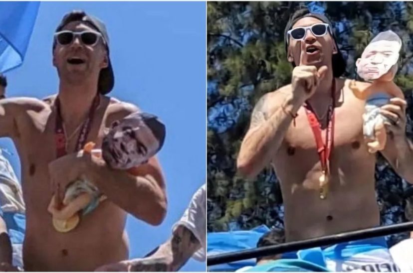 Dibu Martínez festeja con muñeco de Kylian Mbappé.