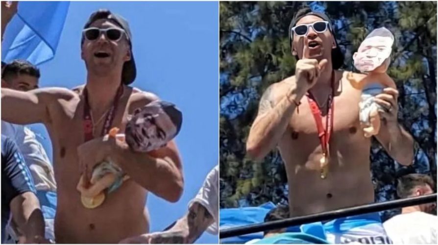 Dibu Martínez festeja con muñeco de Kylian Mbappé.