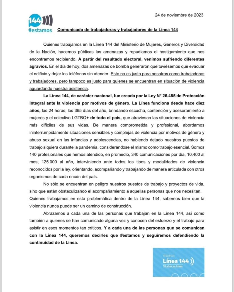 Comunicado de la Línea 144