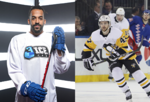 Los jugadores de hockey Matt Petgrave y Adam Johnson.