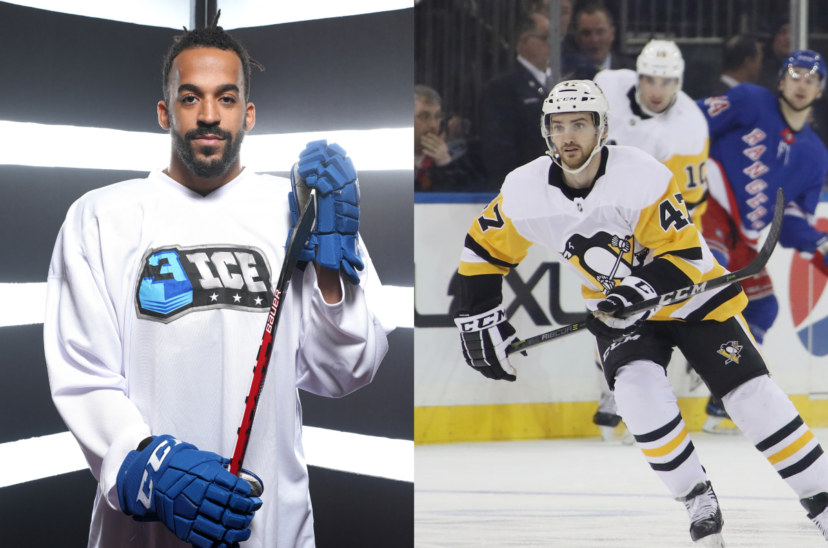 Los jugadores de hockey Matt Petgrave y Adam Johnson.