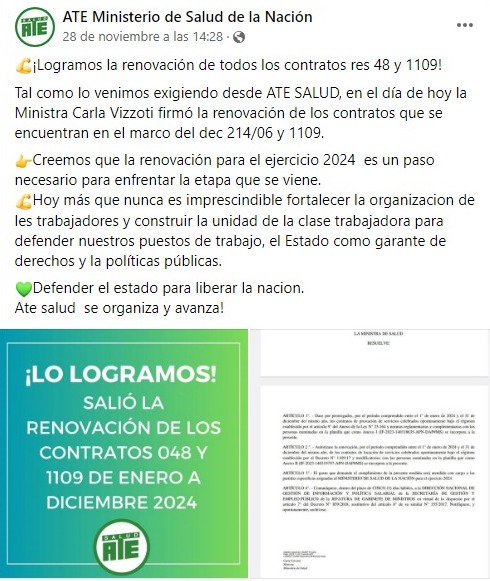 Posteo de ATE sobre la decisión de Vizzotti.