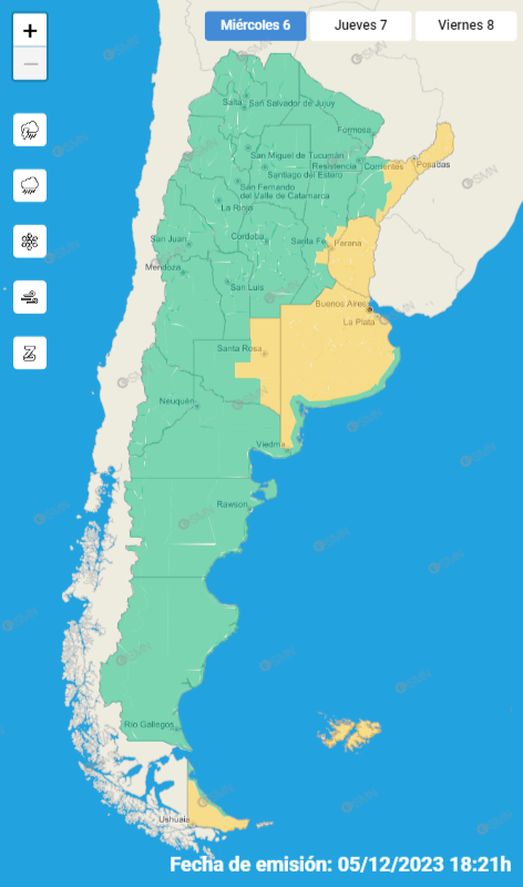 Mapa de alerta amarilla del SMN