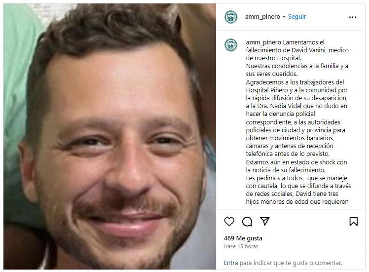 El posteo de AMM sobre la muerte de David Vanini.