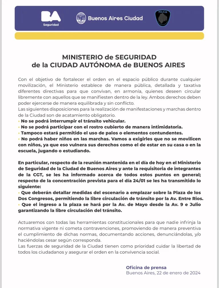 Comunicado del Min. de Seguridad porteño ante el Paro General y marcha.
