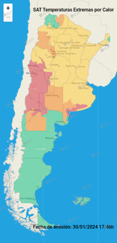 Mapa de alertas del SMN. Ola de calor.