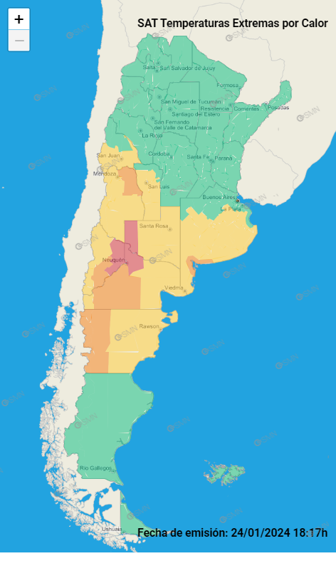 Mapa de temperaturas extremas por calor del SMN.