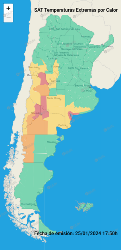 Mapa de alertas del SMN. Ola de calor.