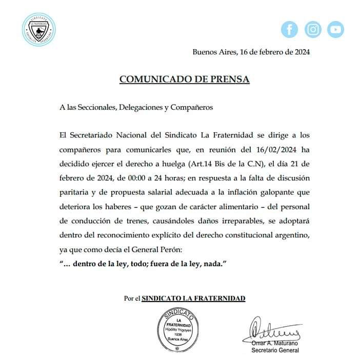 Comunicado de La Fraternidad anunciando el paro de trenes.