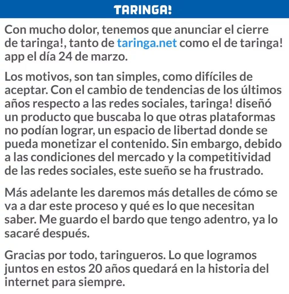 El comunicado de taringa!