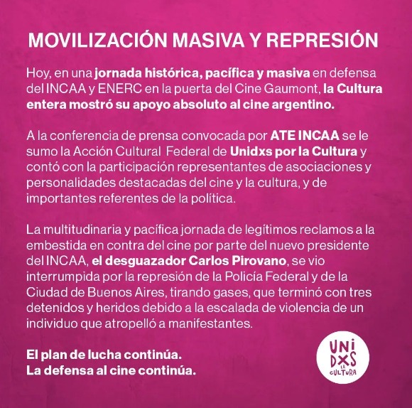 Comunicado UxC tras represión en Gaumont.