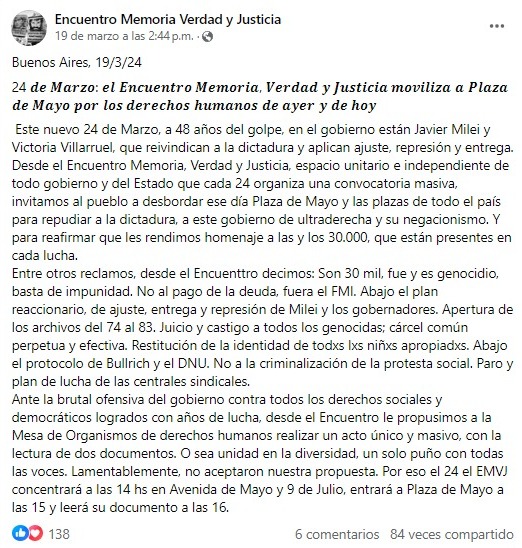 Posteo EMVJ por el 24 de marzo.
