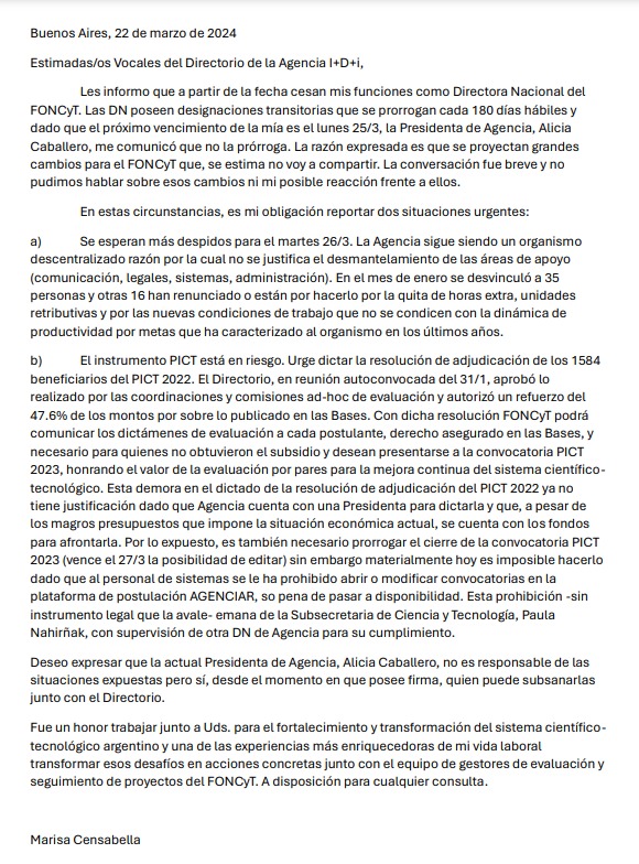 Comunicado de Censabella sobre el riesgo que corre la ciencia.