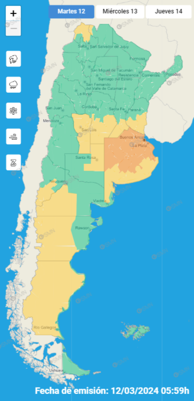 Mapa de alertas del SMN. Tormentas.