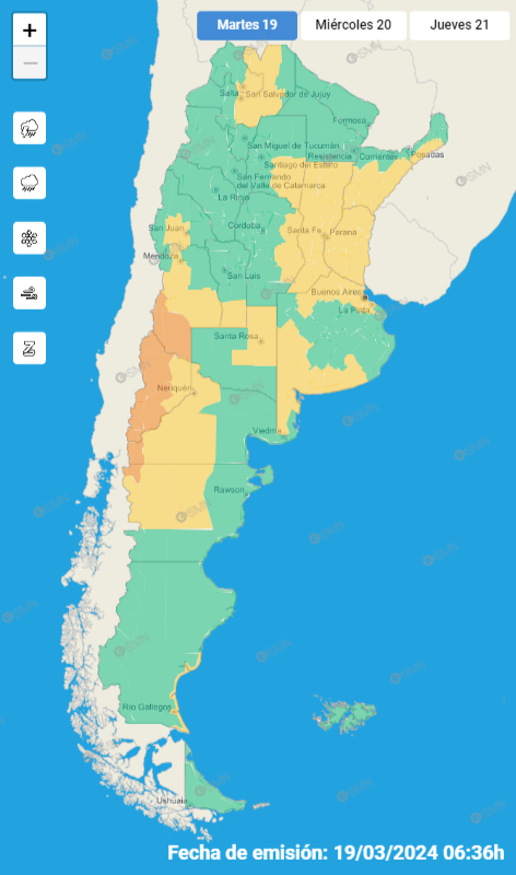 Mapa de alertas por tormentas del SMN.