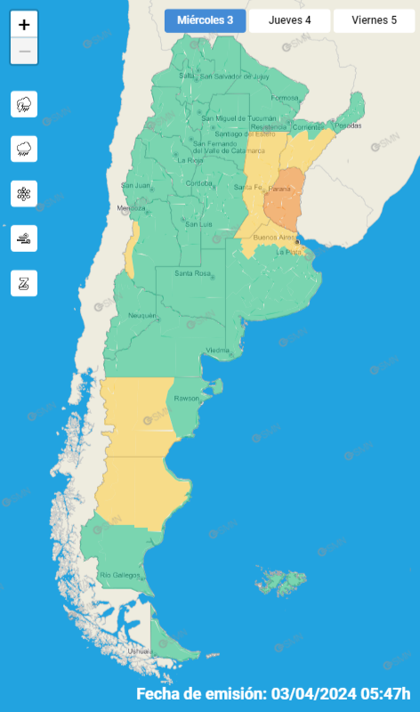 Mapa de alertas por tormentas del SMN