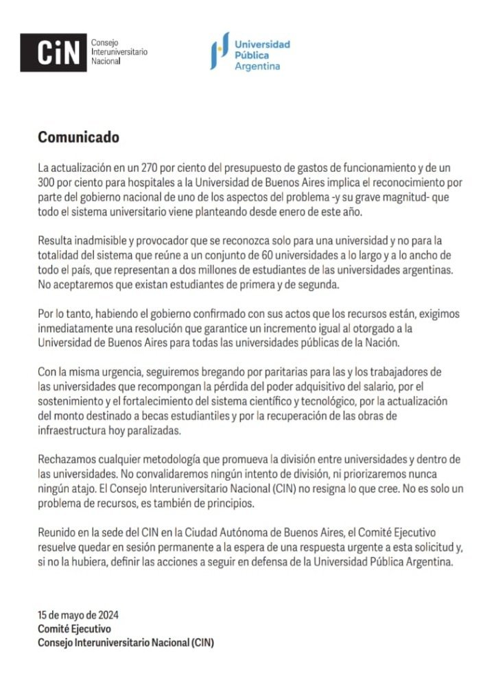 Comunicado CIN sobre presupuesto universidades