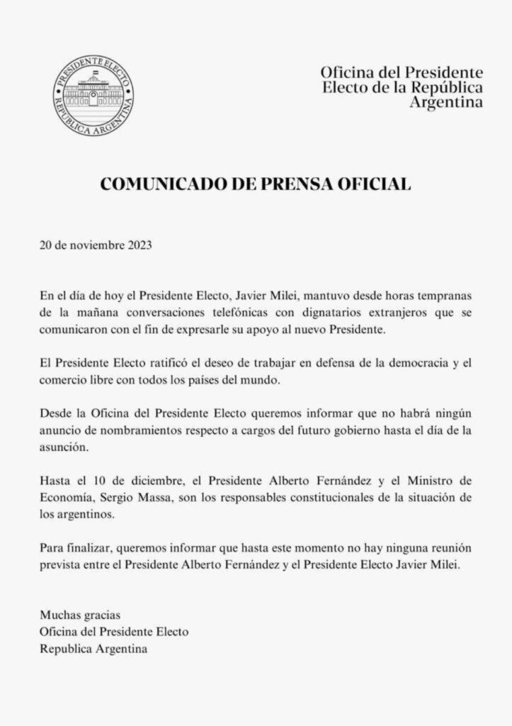 Primer comunicado de la Oficina del Presidente