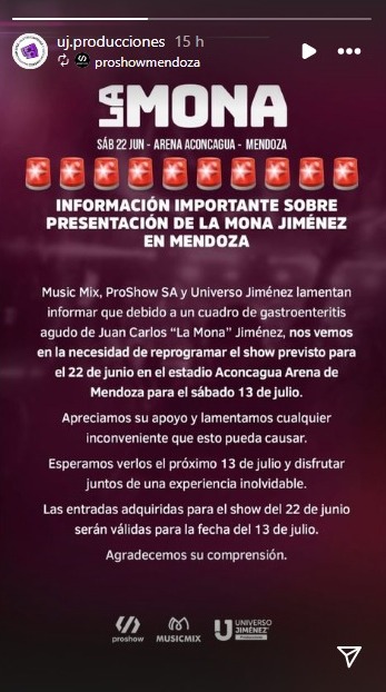 Comunicado sobre la salud de la Mona Jiménez.