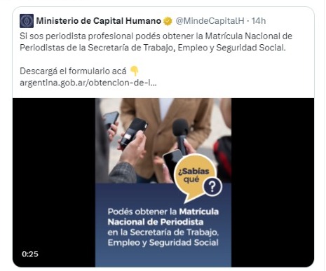 El tuit de Capital Humano sobre la matrícula para periodistas, también borrado.