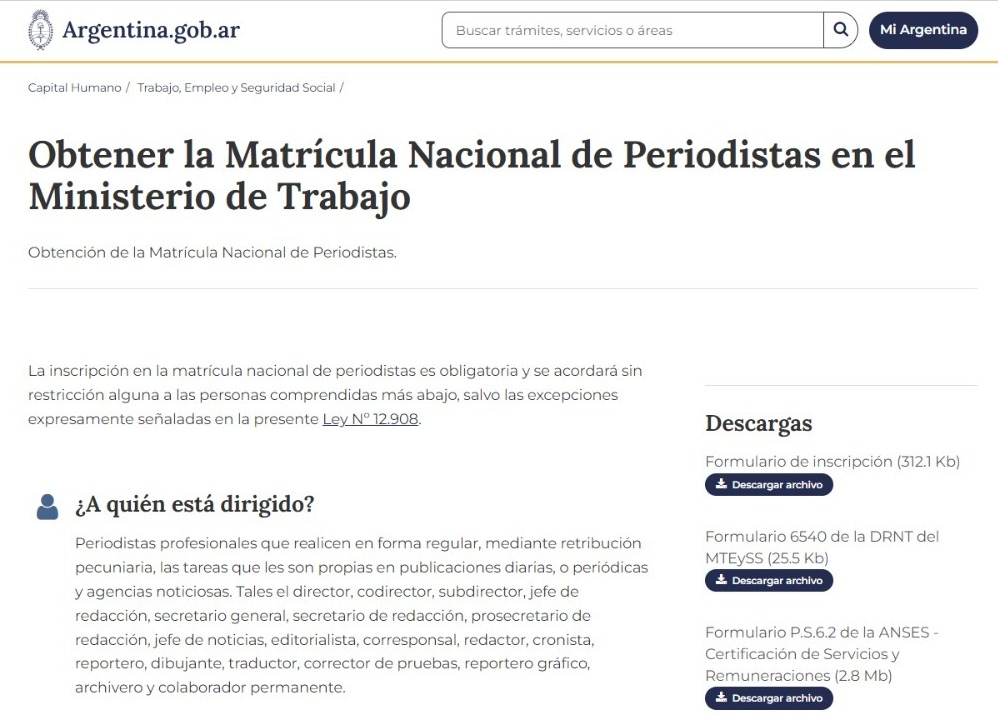 Publicación sobre matrícula para periodistas en Capital Humano.