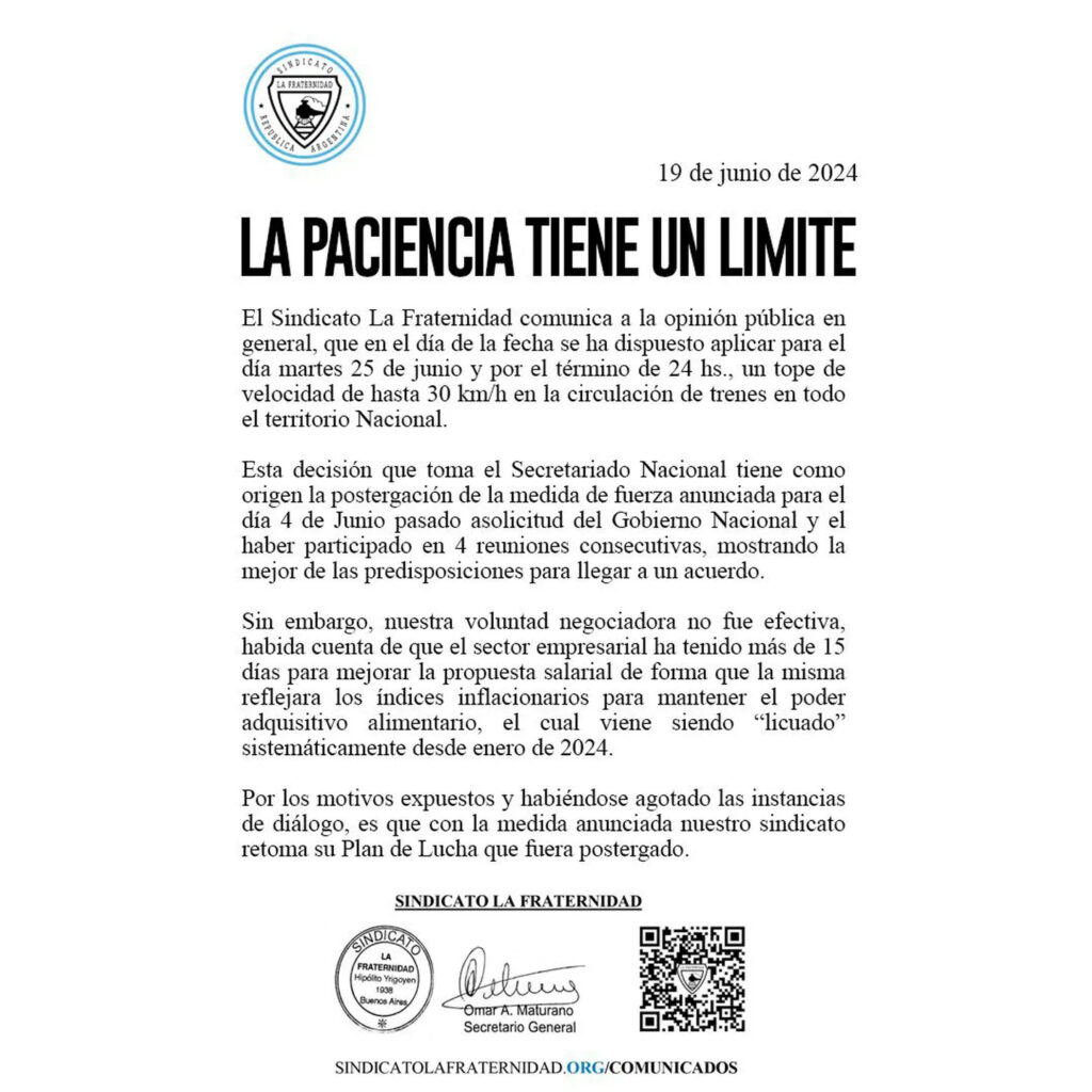 paro de trenes comunicado la fraternidad