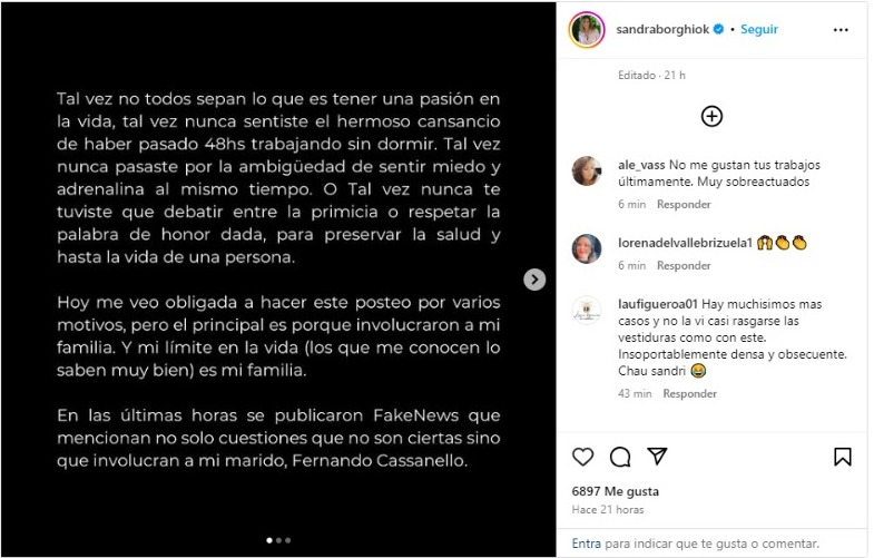 El posteo de Sandra Borghi.