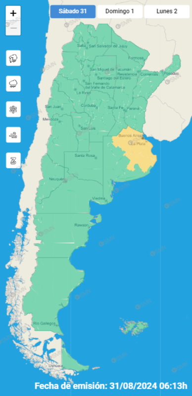 Mapa de alertas por lluvia y viento del SMN.