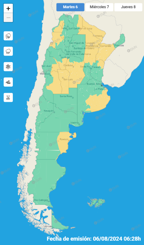 mapa de alertas por lluvia, tormentas y viento del SMN.