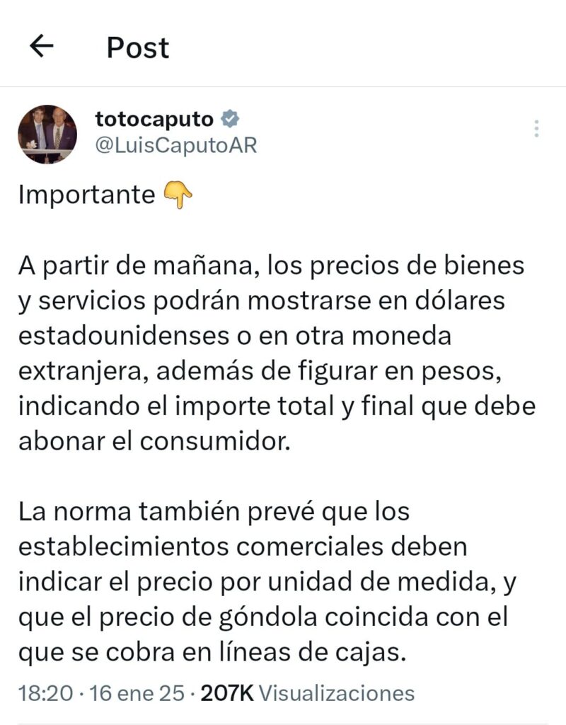 Caputo anuncio dólares