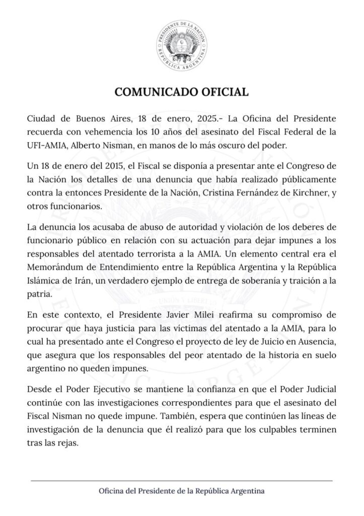 Comunicado del Gobierno por el aniversario de la muerte de Nisman.