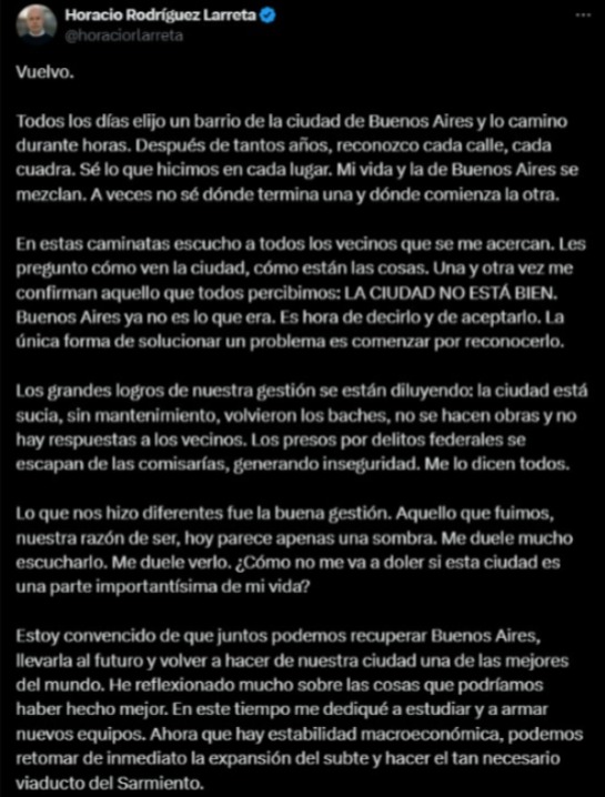 Comunicado de Larreta en redes.