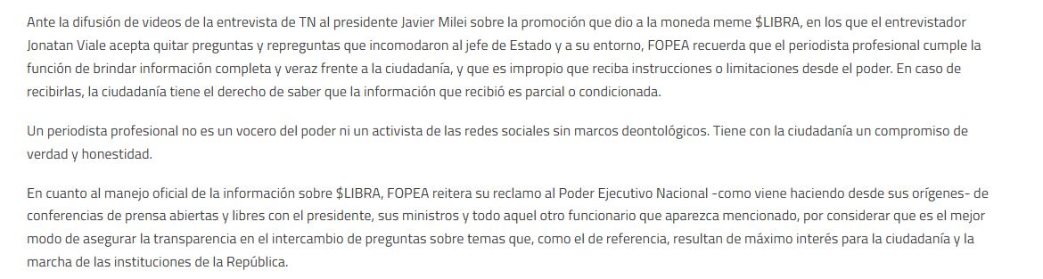 comuicado FOPEA milei viale