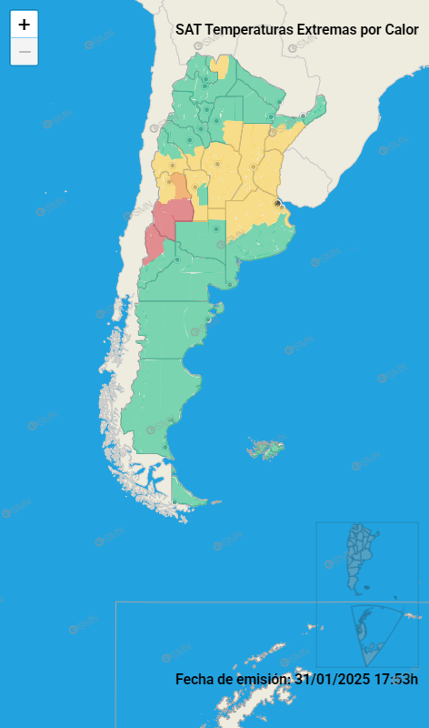 Mapa de alertas por calor del SMN.