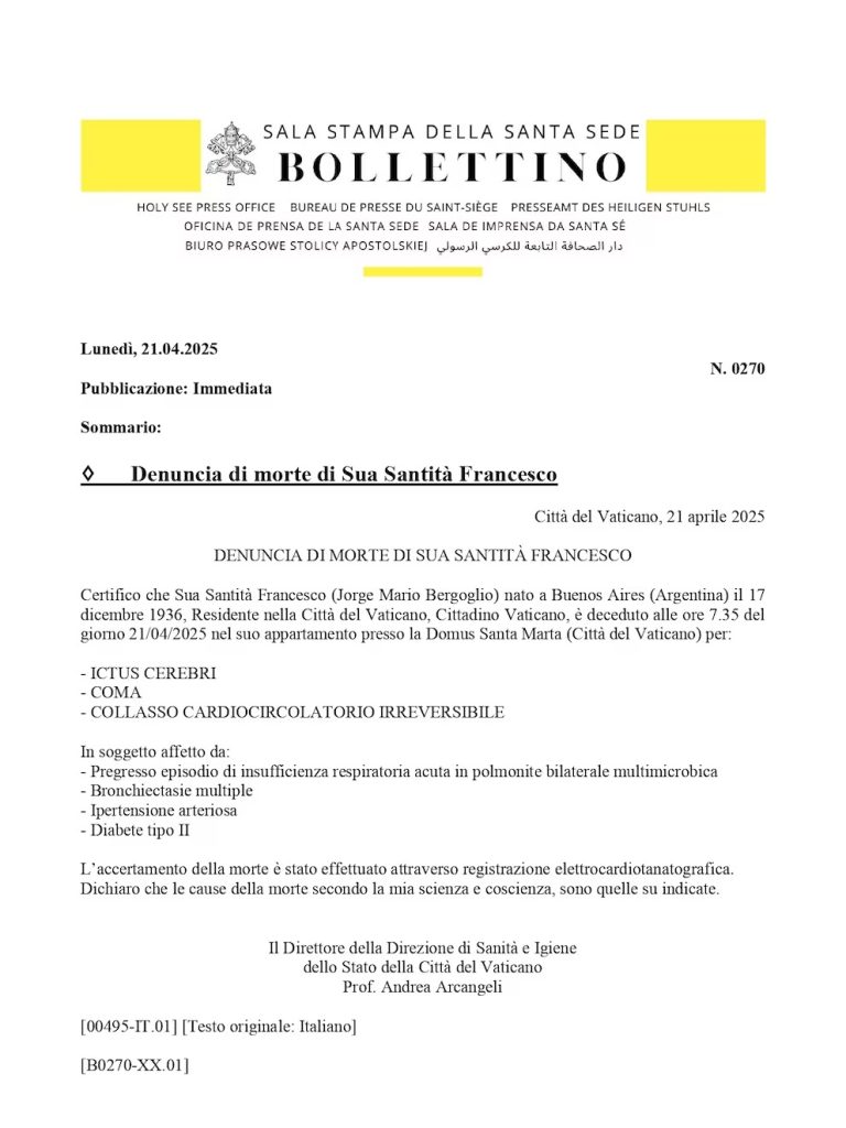Vaticano certificado defunción